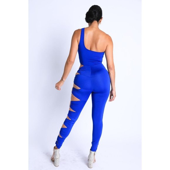 Womens Asymmetric One Shoulder Cut Out Bodycon Jumpsuit Club Party Sexy Jumpsuit - Picture 8 of 10